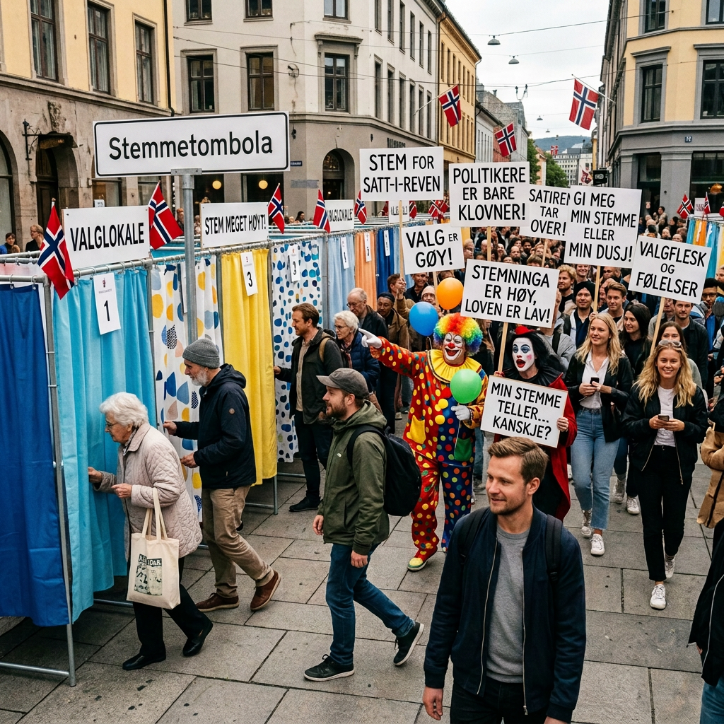 Norwegian election satire in public streets Crowd at Norwegian polling booths holding flags and satirical election signs